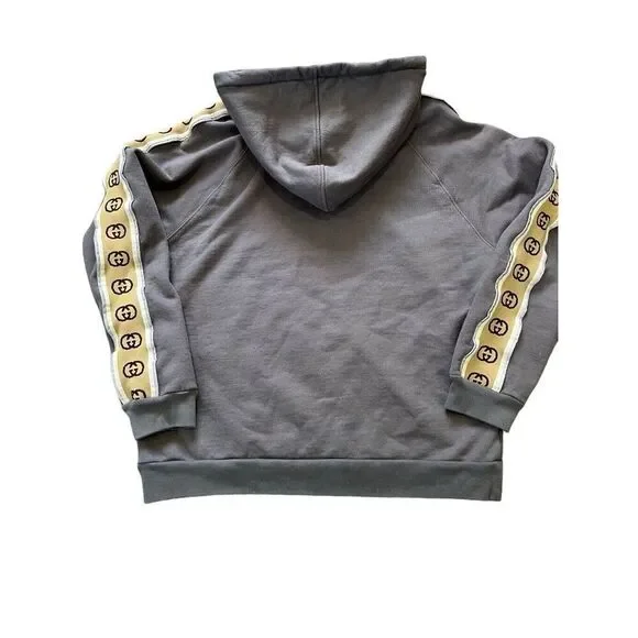 Gucci Interlock G Gray Hoodie With Tan Logo Stripe Sleeve Men’s XXL